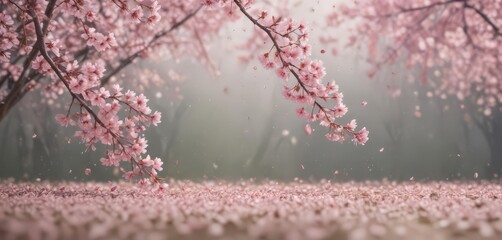 Delicate pink sakura petals drift on a soft-focus spring backdrop ,  blossom,  nature,  element
