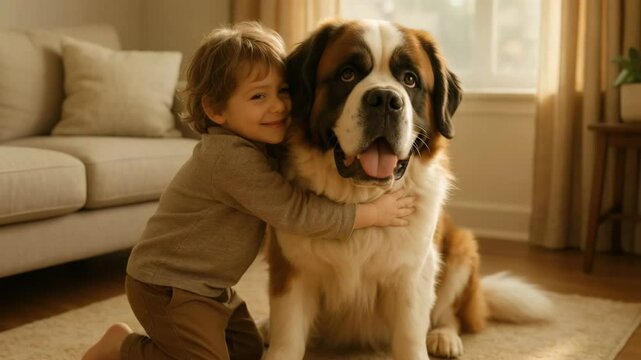 Saint bernard dog friendship little boy hug adorable pet canine love family happy child home cute puppy friend 100 4k uhd video