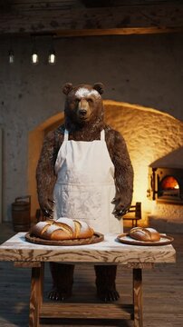 Ours en tablier dans une boulangerie rustique, pr&eacute;sentant du pain frais, sc&egrave;ne chaleureuse et surr&eacute;aliste

