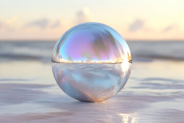 Reflective Sphere on Shoreline with Soft Sunset Colors in Background