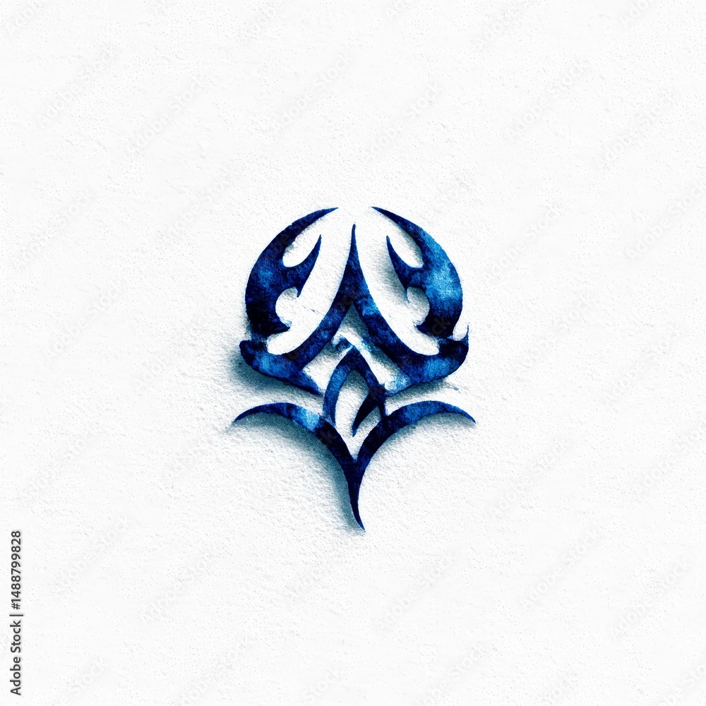 Poster abstract blue tribal symbol on white textured background with shading and depth