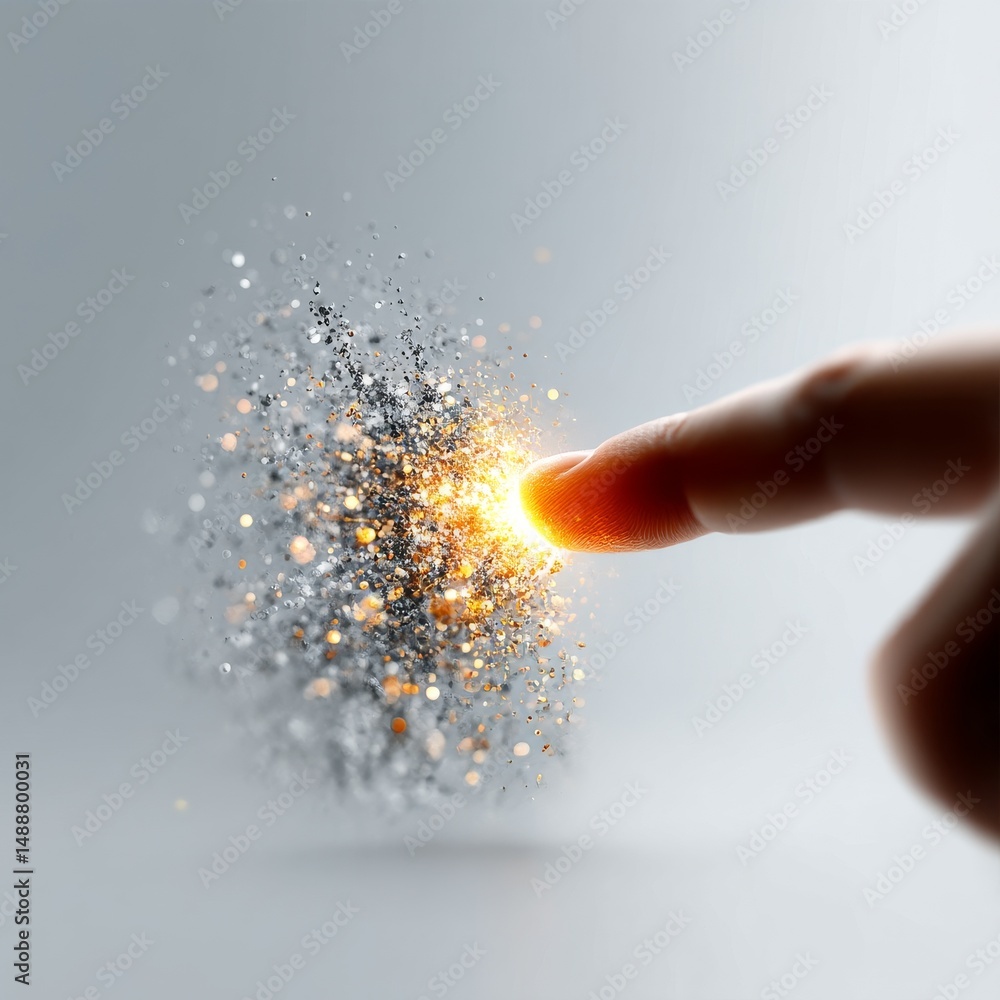 Poster a touch of brilliance: finger contact sparking a cascade of light and particles in a minimalist comp