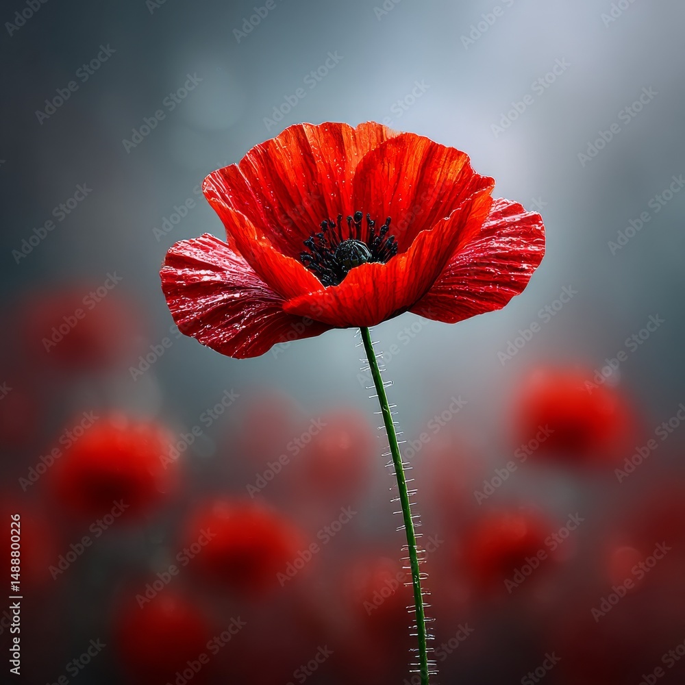 Poster crimson elegance: a single red poppy stands tall in a field of blurred blooms, bathed in soft light 