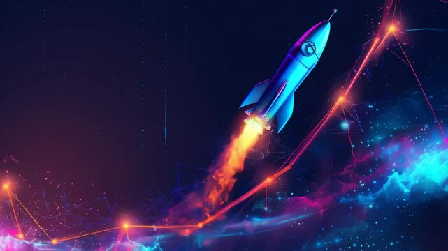 Blue rocket launching along glowing graph line.