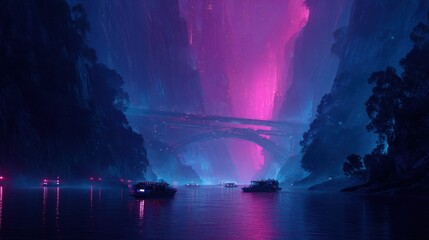 Neon glowing canyon river scene at night.