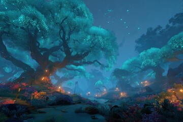A mystical, glowing forest landscape at twilight.