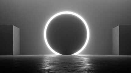 Empty, glowing oval portal in a dark, modern space.