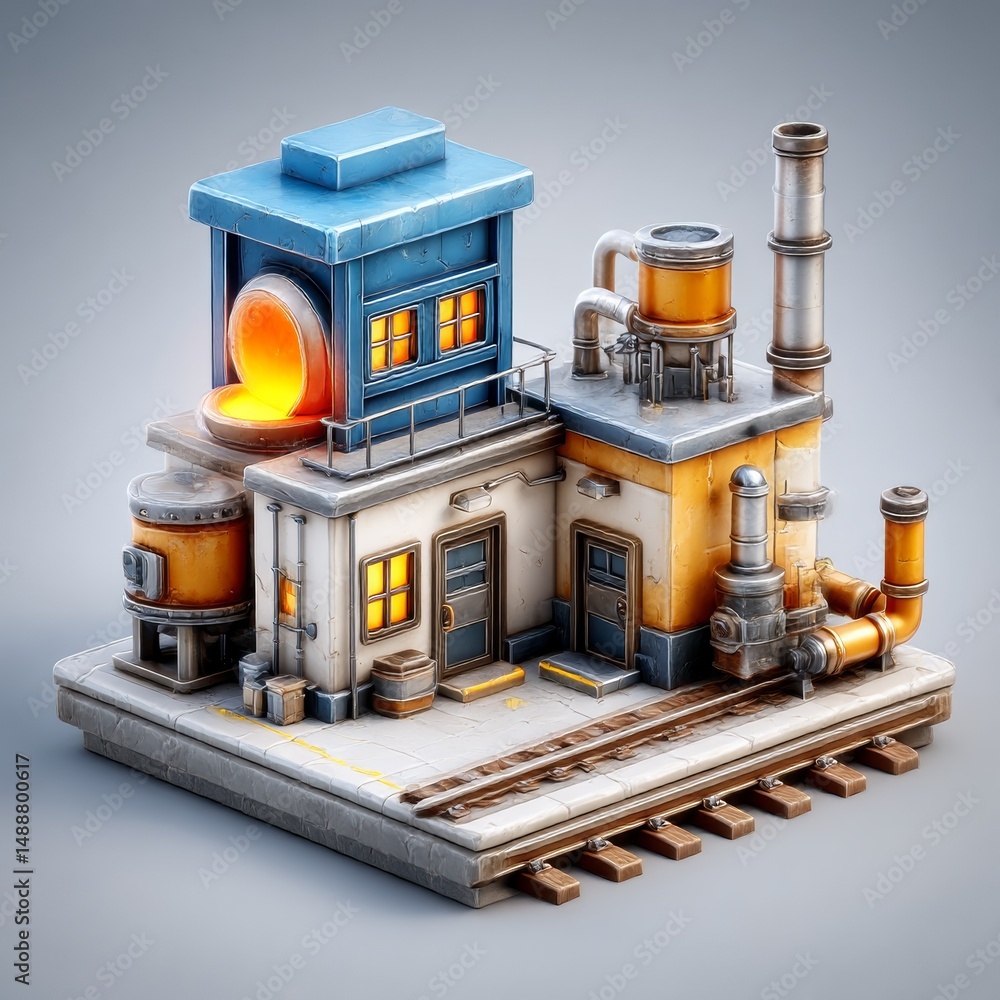 Poster isometric rendering of a cartoonish industrial complex with a smelting furnace and railway tracks