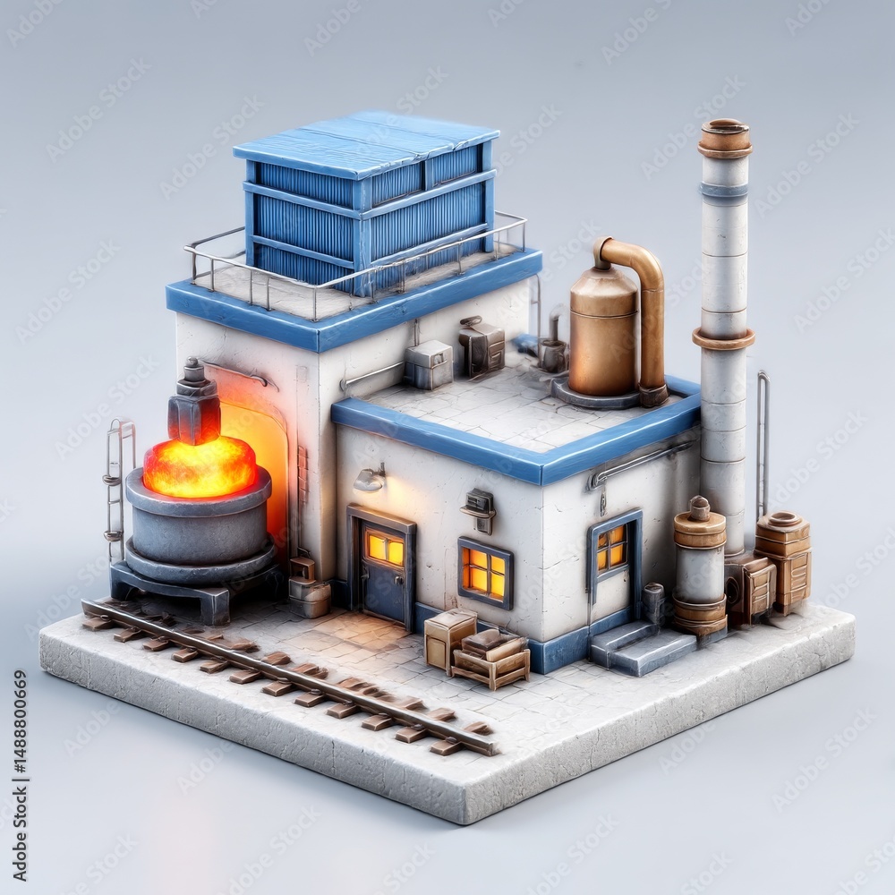 Poster Miniature Cartoon Factory Model: Isometric Industrial Building Displaying Manufacturing and Processing Elements