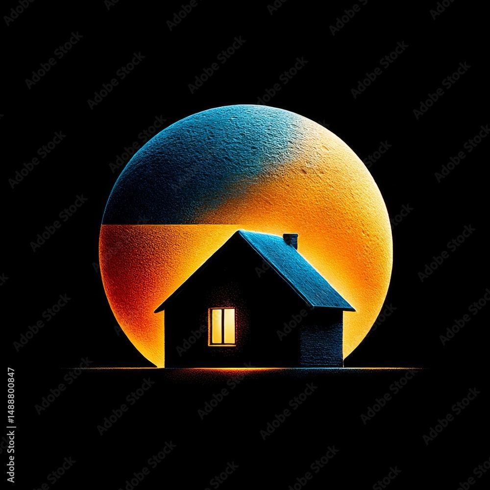 Poster silhouette house with illuminated window and gradient orb backdrop, dark and contrasting design.