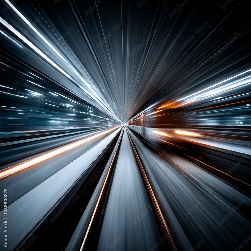 Poster Speed of Light: An Abstract View of Motion Through Space and Time with Motion Blur on Rails and Reflections.