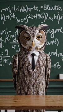 Chouette en costume devant un tableau de formules, sc&egrave;ne scolaire surr&eacute;aliste et savante

