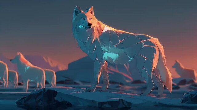 Crystalline Arctic Wolf at Sunset Low Poly Digital Art