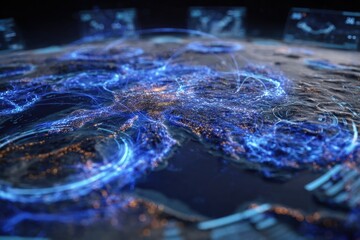 Detailed digital rendering of a global network map.