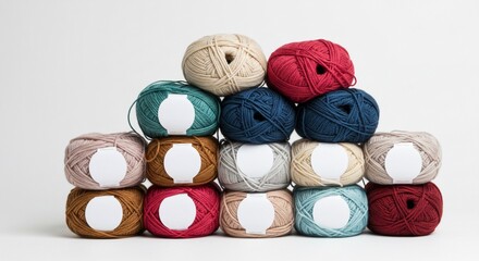 Stacked wool yarn balls with blank white labels, ideal for branding mockup. Clean white background with soft professional studio lighting.
