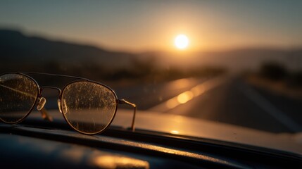 Vintage glasses resting on a car dashboard at sunset.