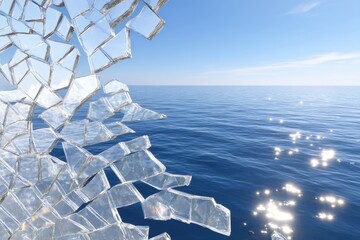 Shattered glass fragments against a tranquil ocean scene.