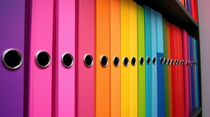 A row of colorful file folders on a shelf.