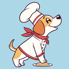 Adobe Illustrator Artwork A cheerful dog dressed as a chef, wearing a white hat and apron with a red scarf, set against a bright blue background Vector.