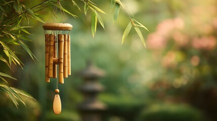 Peaceful bamboo wind chime hanging in garden setting.