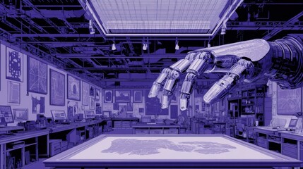 Robotic hand interacting with art collection inside a gallery.