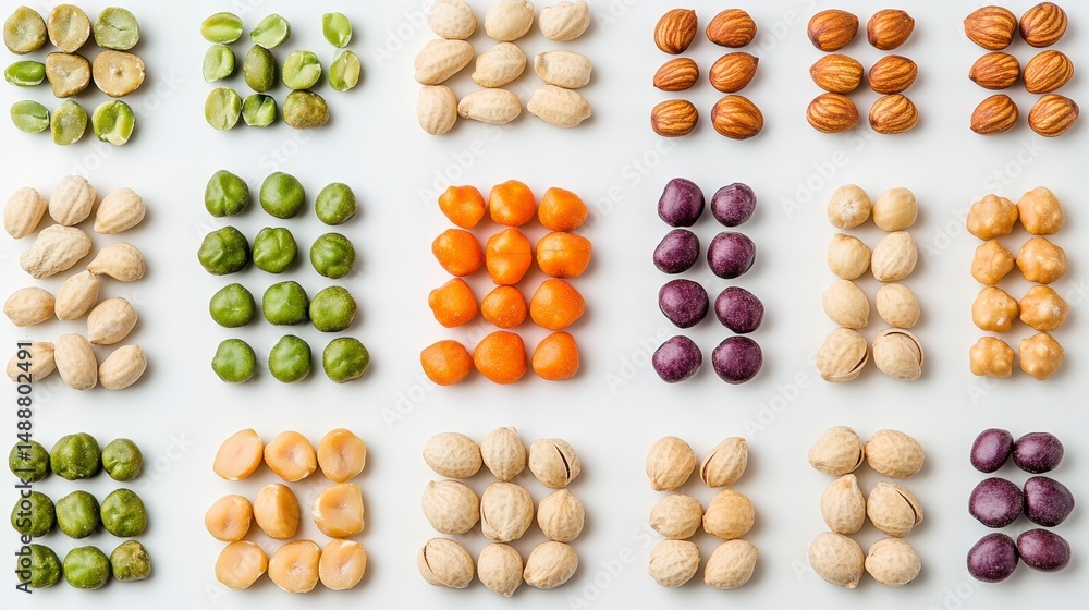Poster flat lay of various legumes and nuts arranged in grid pattern on white background.