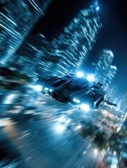 Futuristic vehicle flying through a nighttime cityscape at high speed.