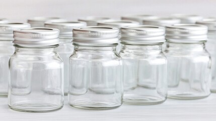 Clear glass jars with silver lids on a white background.