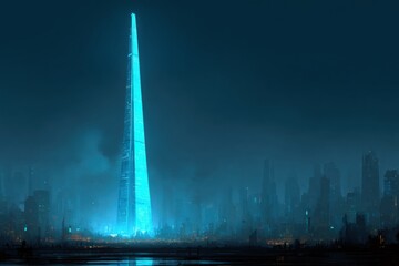 Illuminated futuristic tower in a city at night.