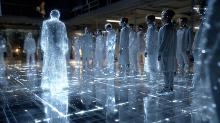 A futuristic scene of translucent figures in a vast indoor space.