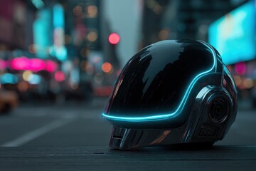 Futuristic helmet rests on a city street.