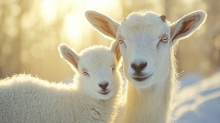 Fototapeta premium Two white young goats in winter sun