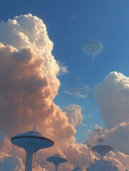 Floating city structures amidst fluffy clouds on a bright day.