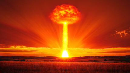 Fiery sunset over a golden field with cloud formation resembling a pillar of fire or an atomic explosion