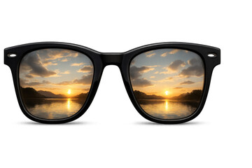Sleek black sunglasses mirroring golden sunset hues across serene lake surface, transparent background