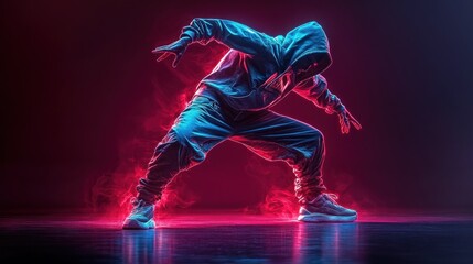 B-boy in dynamic pose, vibrant neon lights