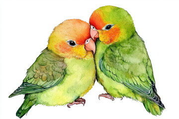 Naklejka premium Watercolor of Two Colorful Lovebirds in Close Embrace