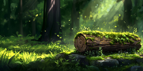 Sunlit mossy forest clearing with fallen log – tranquil nature illustration background
