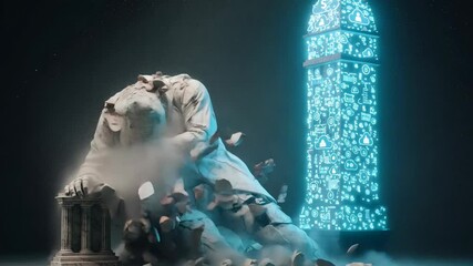Classical statue of a man crumbles and falls while a tall technology tower full of digital icons and cloud data rises, depicting the old system collapsing to the digital age footage - Powered by Adobe