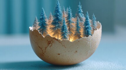 Tiny forest nestled within an open egg shell.