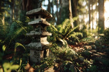 Stone pagoda nestled amidst lush forest undergrowth.