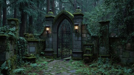 Mysterious stone archway entrance in a dark, overgrown forest.