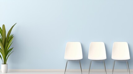 A minimalist waiting room with a light blue wall, three white chairs, and a potted plant.