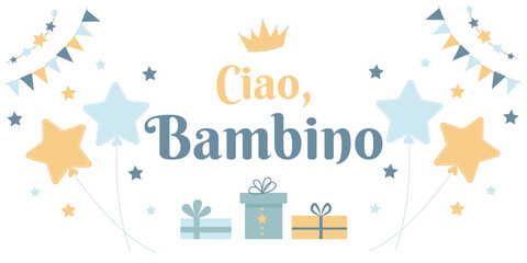 Ciao Bambino Baby Shower Banner with Stars and Gift in Pastel Blue and Yellow