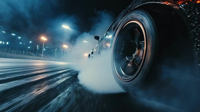 Dramatic nighttime car drifting with smoky tire action on wet roads