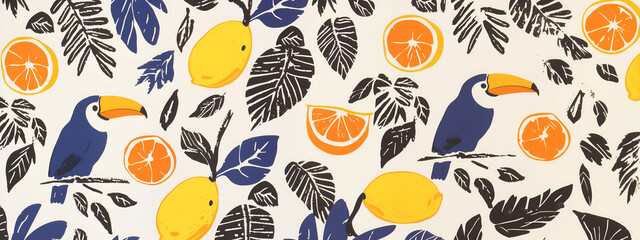 Exotic birds and oranges decorative illustration