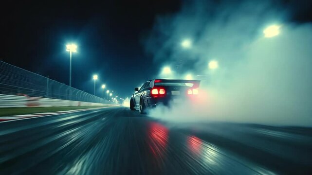 Intense nighttime drift racing with smoke trails on a wet track