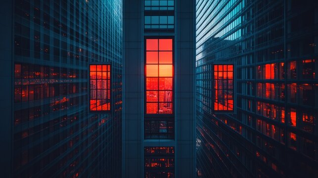 City skyline, sunset through windows - Powered by Adobe