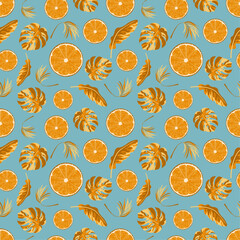Tropical seamless pattern with oranges and tropical leaves. Background with repeating fruits. Vector bright print for fabric or wallpaper.