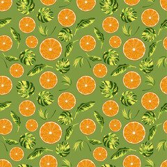 Tropical seamless pattern with oranges and tropical leaves. Background with repeating fruits. Vector bright print for fabric or wallpaper.